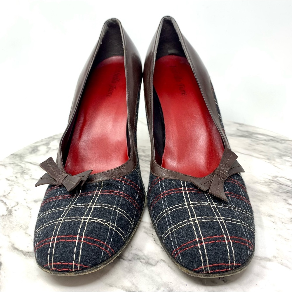 Isabella Fiori Tweed Wool Plaid Dainty Bow Pumps 10 Academia Retro Classic Fall - Picture 4 of 13
